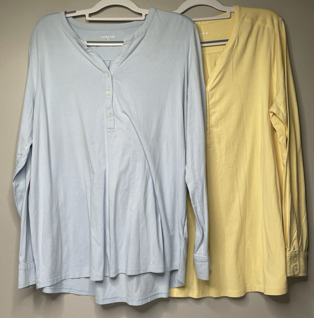 Lands’ End Women XL 18 Long Sleeve Henley Tops Blue Yellow Lot of 2